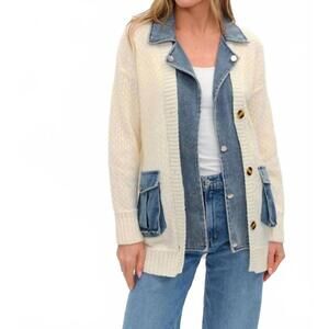 NEW SIX/FIFTY mixed media denim cardigan in ivory